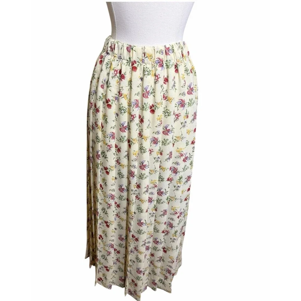Vintage Susan Bristol Pleated Midi Skirt Womens M Yellow Floral Cottagecore